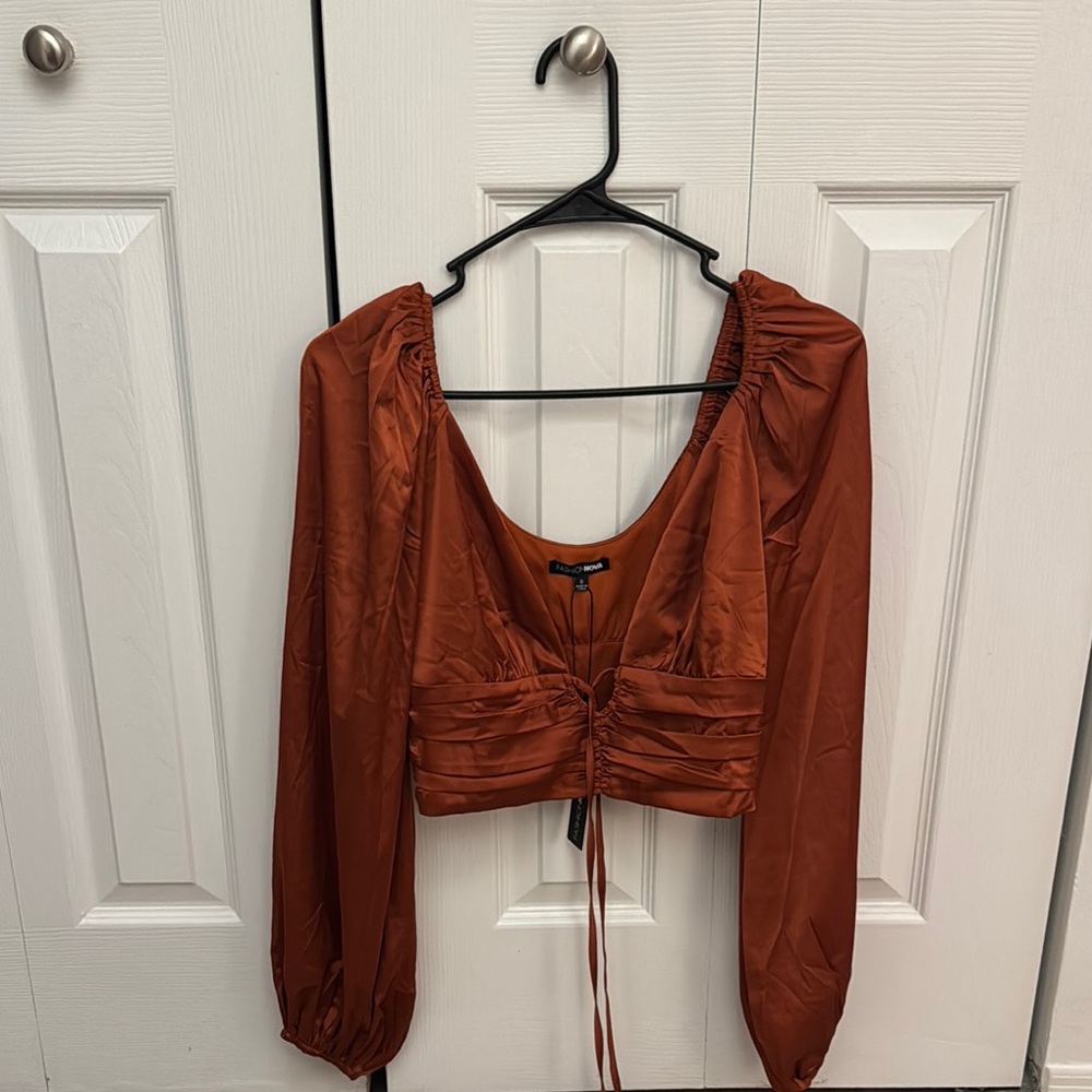 Red off the shoulder crop blouse with puff sleeves and tie front